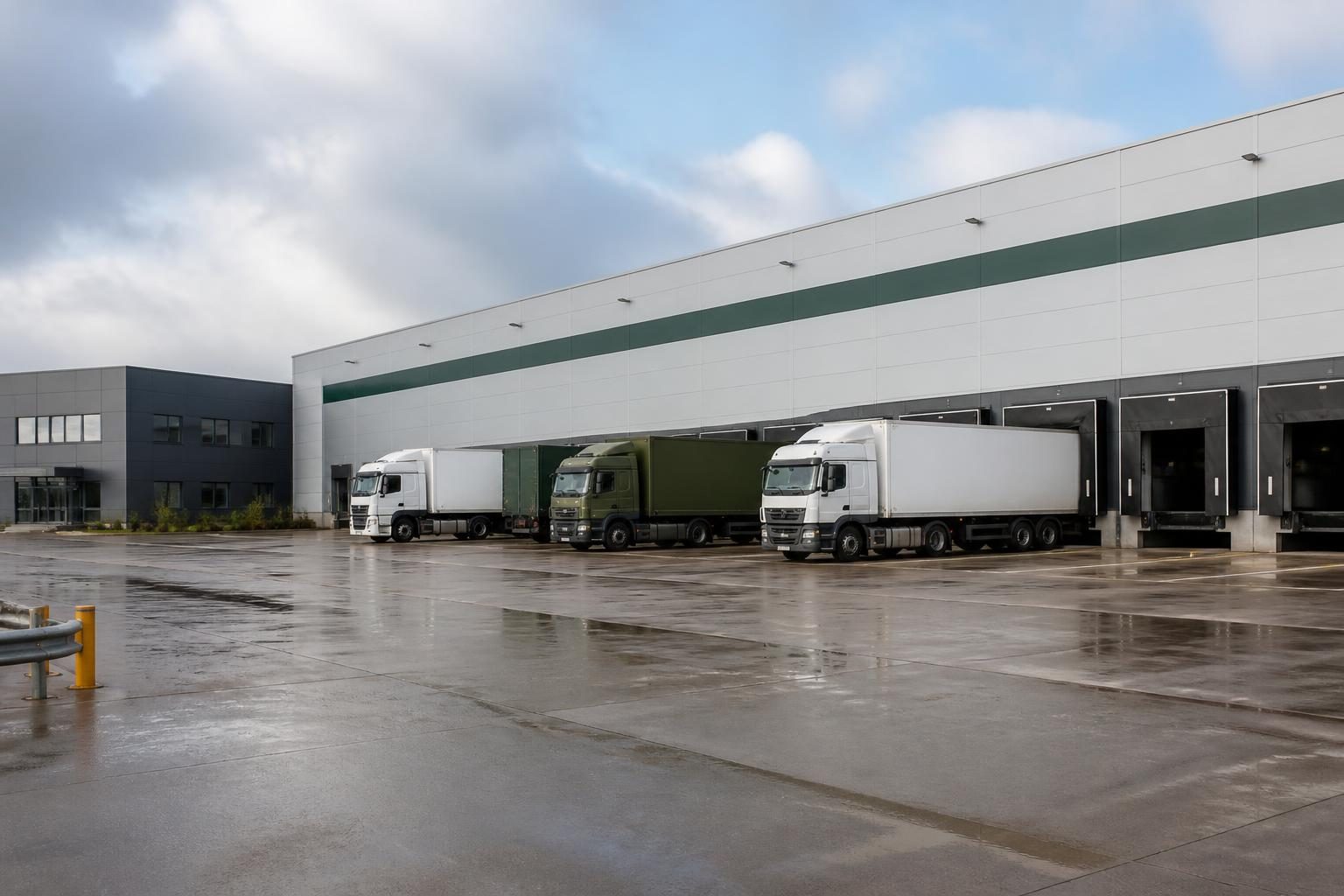 Warehousing and Storage Insurance 2 A large modern UK distribution warehouse exterior with lorries at loading bays