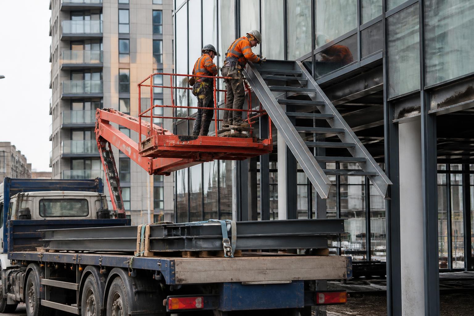 Welding and Fabrication Insurance 2 Steel erectors in harnesses bolting a fabricated staircase into a new UK office block from a mobile elevating work platform, with the fabricator's flatbed lorry below