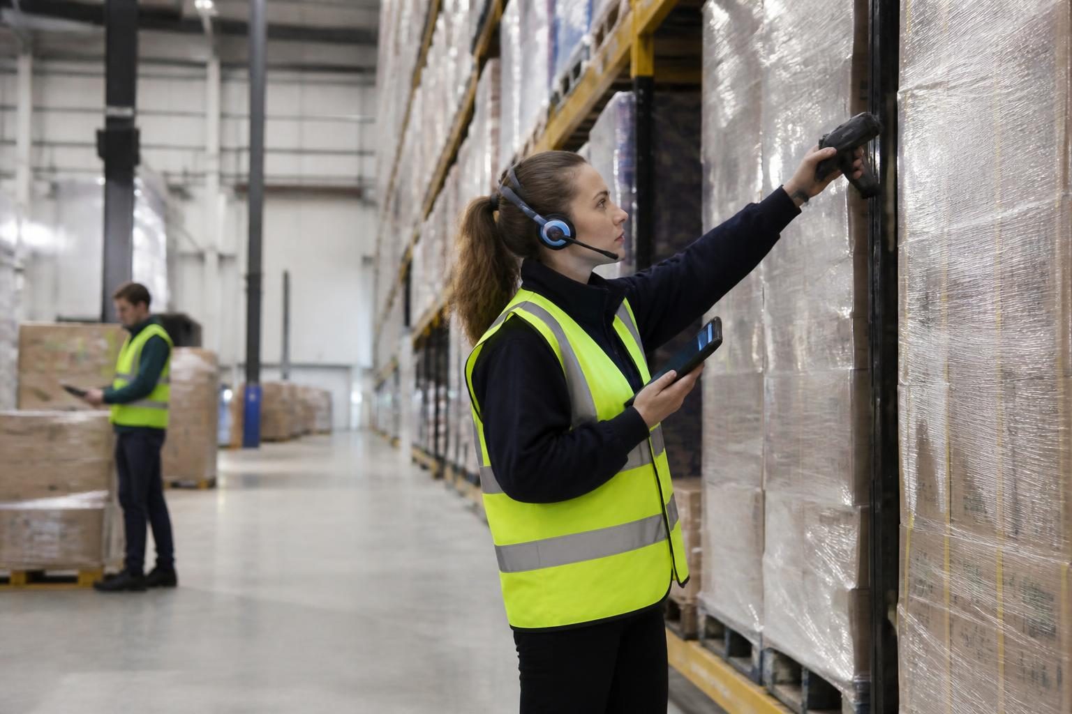 Pallets of packaged goods being picked in a UK distribution centre